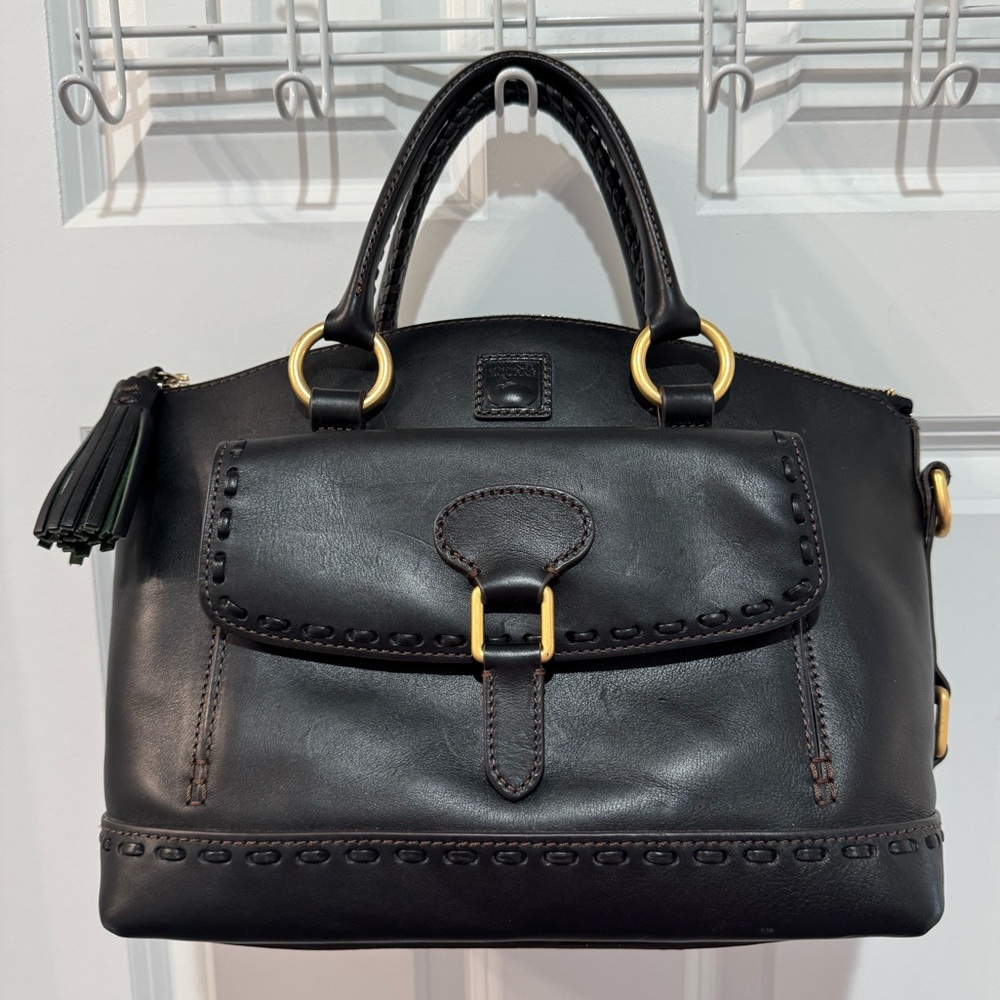 Dooney Bourke Black Florentine Leather Front Pocket Domed Satchel - EUC
